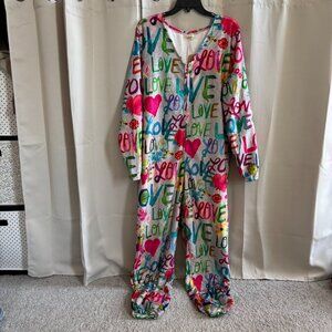 Natural Life Fleece One Piece Pajama Jumpsuit Large Love Graffiti Cozy 18818